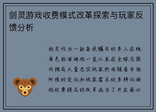 剑灵游戏收费模式改革探索与玩家反馈分析